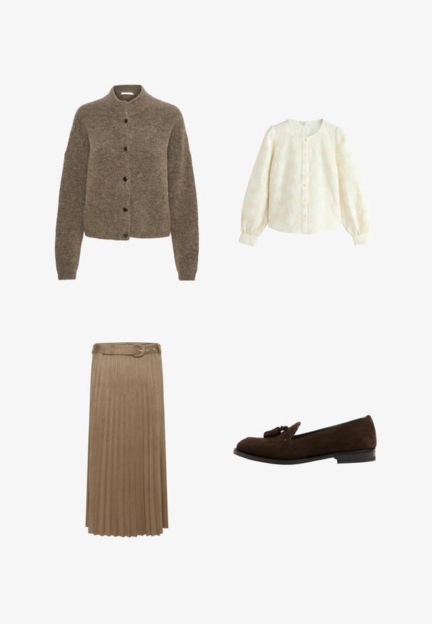 Brun cardigan lavet af blødt materiale, med rund hals, lange ærmer og sorte knapper foran.; Cremefarvet bluse med lange puffede ærmer, knaplukning foran og tekstureret stof med et diskret cirkelmønster. Glat, let materiale.; Beige plissee midi-nederdel lavet af blødt ruskindslignende materiale, med bælte i taljen og lodrette folder, der giver tekstur og bevægelse.; Brune ruskind loafers med en let hæl, der har en spids tå, dekorativ kvast og kontrastsyet langs den øverste kant.