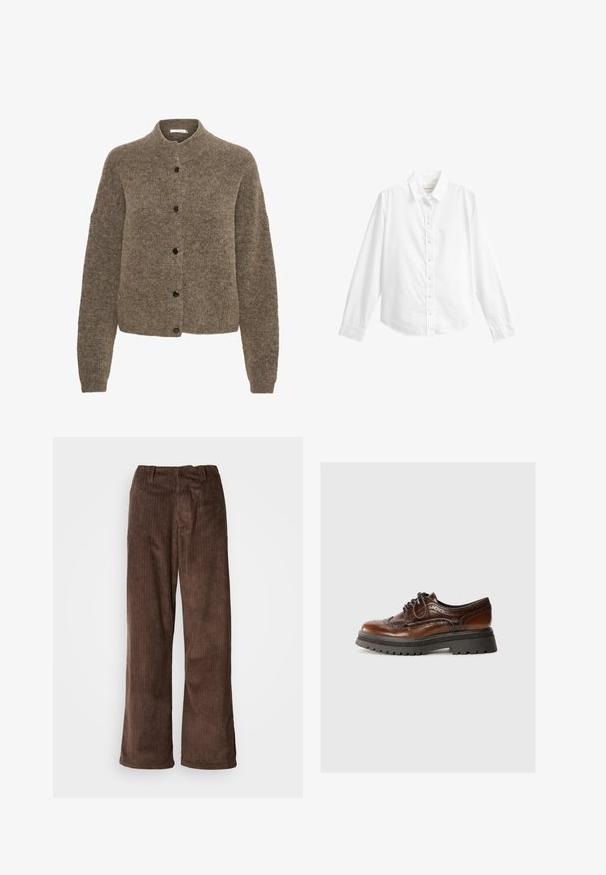 Brun cardigan lavet af blødt materiale, med rund hals, lange ærmer og sorte knapper foran.; Hvid langærmet skjorte med krave, syv knapper og tætsiddende manchetter, vist på en ensfarvet hvid baggrund.; Brune fløjl bukser med en bred benudskæring, der har lodrette ribber og en talje. Stoffet har et blødt, tekstureret udseende.; Brune læder snørebåndssko med brogue-detaljer, gummisål og kontrasterende sort tekstureret platform. Glat finish med klassisk design.