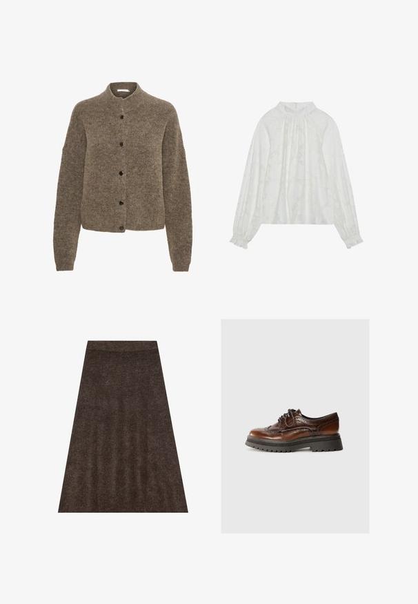 Bruine cardigan van zacht materiaal, met een ronde hals, lange mouwen en zwarte knopen aan de voorkant.; Witte blouse met lange mouwen, voorzien van een gemêleerd bloemenpatroon, een gathered decolletée en elastische manchetten. Zacht, lichtgewicht stof.; Bruine gebreide rok met een flairdesign, elastische tailleband en subtiele textuur overal. De stof lijkt zacht en warm.; Bruine leren veterschoen met brogue-details, rubberen zool en contrasterend zwart gestructureerd plateau. Gladde afwerking met een klassiek ontwerp.