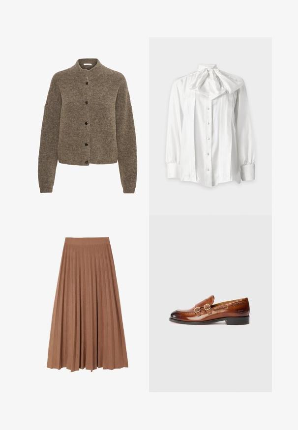 Brun cardigan lavet af blødt materiale, med rund hals, lange ærmer og sorte knapper foran.; Hvid bluse med lange ærmer, frontknapper og en stor bundet sløjfe ved halsen, med plisserede detaljer foran.; Brun plisseret midi-nederdel med en glat tekstur og en bred talje, der har jævne lodrette folder ned langs længden, hvilket skaber en svungent silhuet.; Brune læder loafers med dobbelte spænder, rund tå, syningsdetaljer og lav hæl; poleret finish med prægede branding på siden.