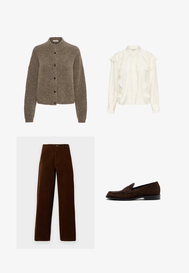 Brun cardigan lavet af blødt materiale, med rund hals, lange ærmer og sorte knapper foran.; Hvid satinbluse med plisseret front, knaplukning og lange ærmer med elastiske manchetter. Glat tekstur og afslappet pasform.; Brune corduroy straight-leg bukser med forlommer, bæltestropper og knaplukning på en hvid baggrund.; Mørkebrun herre loafer i ruskind med lav hæl og mokkasinsøm, vist fra siden på hvid baggrund.