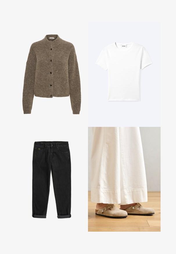 Bruine cardigan van zacht materiaal, met een ronde hals, lange mouwen en zwarte knopen aan de voorkant.; Effen wit T-shirt met korte mouwen en ronde hals met een klein "WEEKDAY" label aan de binnenkant van de hals, plat neergelegd op een lichte achtergrond.; Zwarte denim jeans met omgeslagen boorden, knoop en rits aan de voorkant, en vijf zakken, waaronder een klein gebrandmerkt muntenzakje aan de rechterkant.; Beige suède klompen met een gespsluiting en gespijkerde accenten, gedragen met witte wijde broek, geplaatst op een houten vloer.