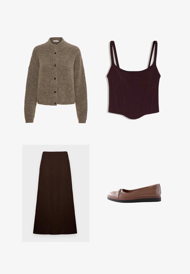 Bruine cardigan van zacht materiaal, met een ronde hals, lange mouwen en zwarte knopen aan de voorkant.; Donkerpaarse mouwloze cropped top met dunne schouderbandjes en subtiele stikdetails aan de voorkant.; Donkerbruine, enkelhoge A-lijn rok met een gladde, effen textuur en een aansluitende taille tegen een effen witte achtergrond.; Bruine ballerinas van lakleer met een klein strikje en een dikke zwarte rubberen zool, zijaanzicht op een witte achtergrond.