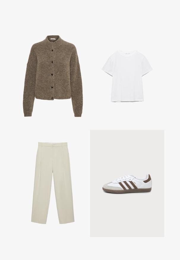 Bruine cardigan van zacht materiaal, met een ronde hals, lange mouwen en zwarte knopen aan de voorkant.; Effen wit T-shirt met korte mouwen en ronde hals, met een rechte zoom, gepresenteerd tegen een witte achtergrond.; Beige hoog getailleerde, op maat gemaakte broek met zijzakken, riemlussen en een voorritssluiting, met rechte pijpen.; Witte en bruine Adidas Samba sneaker met drie bruine strepen, veters en een textuurs van boven- tot zool, getoond vanaf de zijkant op een effen achtergrond.