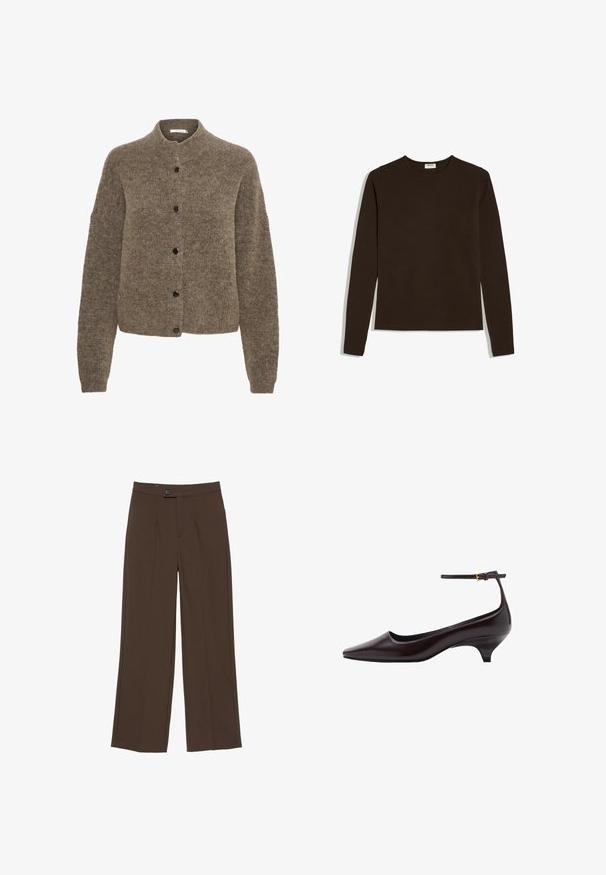 Bruine cardigan van zacht materiaal, met een ronde hals, lange mouwen en zwarte knopen aan de voorkant.; Donkerbruine longsleeve met ronde hals, eenvoudig ontwerp, plat gelegd op een witte achtergrond.; Bruine broek met rechte pijpen en een knoop- en ritssluiting aan de voorkant, met strakke, op maat gemaakte lijnen en een middelhoge taille.; Donkerbruine leren kittenheel schoenen met een spitse neus, een dunne enkelband en een kleine gouden gesp.