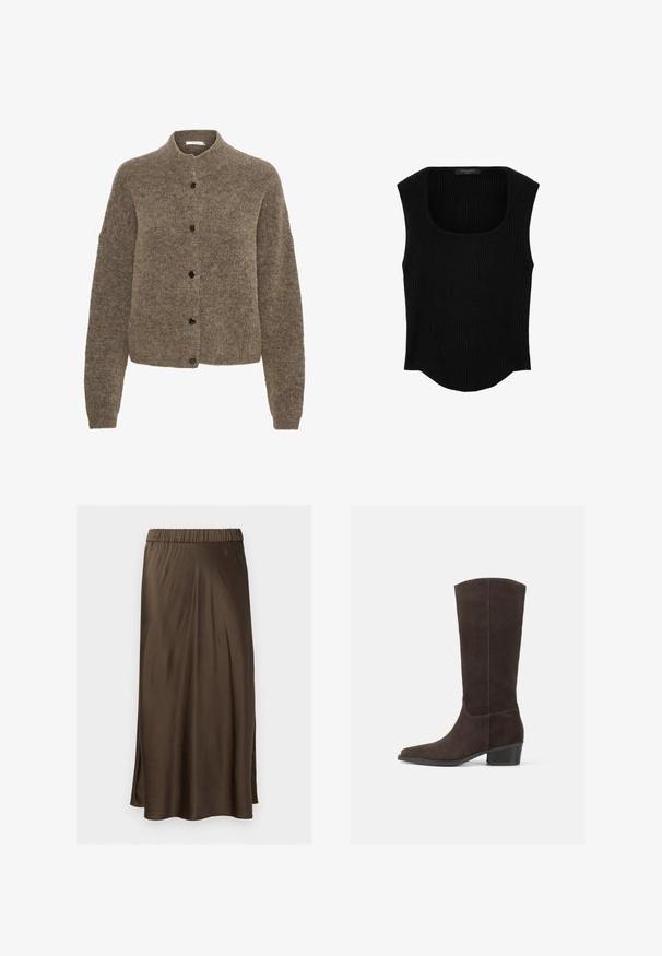 Brun cardigan lavet af blødt materiale, med rund hals, lange ærmer og sorte knapper foran.; Sort ribstrikket ærmeløs top med firkantet udskæring og let buet kant, lavet af strikstof.; Brun satin midi nederdel med elastisk talje, glat tekstur og sidespalter for bevægelse. Klassisk A-formet silhuet.; Mørkebrune ruskindsknæstøvler med firkantet tå, glat overflade og en kort stablet hæl, der har et minimalistisk design og rene linjer.