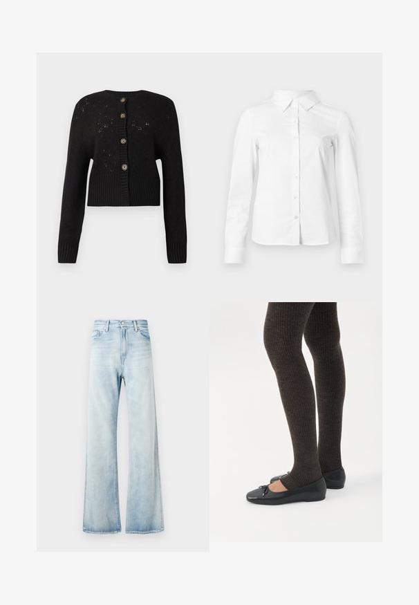 Cárdigan negro cropped con un patrón de punto texturizado, que presenta un dobladillo de canalé y cinco botones redondos marrones en la parte delantera.; Camisa blanca de manga larga con botones, cuello puntiagudo, bajo recto y silueta ajustada, presentada sobre un fondo claro y liso.; Jeans acampanados de mezclilla azul claro con cintura alta, bolsillos frontales y cierre de botón. Acabado descolorido con textura suave y bordes dobladillados.; Piernas con leggings oscuros acanalados combinados con bailarinas negras que presentan pequeños detalles de lazo sobre un fondo blanco.