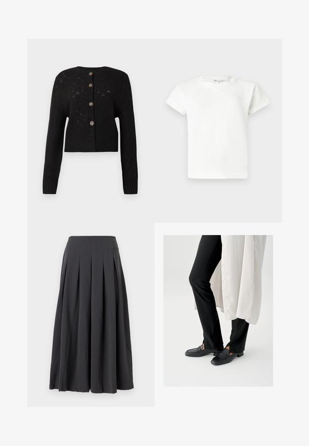 Cardigan noir court avec un motif tricoté texturé, doté d'un ourlet côtelé et de cinq boutons ronds marron sur le devant.; T-shirt blanc uni à manches courtes et col rond, avec un ourlet droit, présenté sur un fond gris clair.; Jupe midi plissée noire avec taille haute, en tissu léger, suspendue à plat sur un fond blanc.; Mocassins en cuir noir avec un bout carré et un petit talon carré, associés à un pantalon noir ajusté et une couche extérieure blanche fluide.