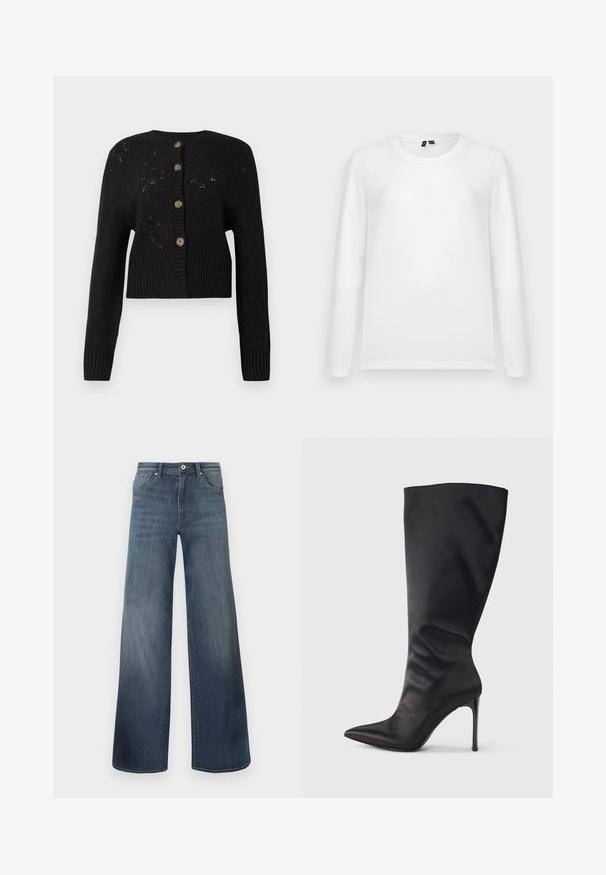 Sort cropped cardigan med et struktureret strikket mønster, der har en ribbet kant og fem runde brune knapper ned ad forsiden.; Lys grå baggrund med en liggende hvid langærmet t-shirt med rund hals og synlige mærker ved kraven.; Bredde denim jeans i mørkeblå, med en slidteknik, knaplukning og fem-lomme stil. Glat tekstur, minimal syning detaljer.; Sort knæhøj stiletstøvle lavet af glat, glansfuldt materiale; spids tå; tætsiddende pasform med let samling nær anklen; skinnende hæl.