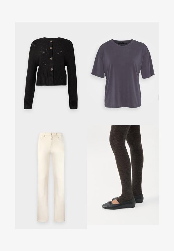 Cardigan noir court avec un motif tricoté texturé, doté d'un ourlet côtelé et de cinq boutons ronds marron sur le devant.; T-shirt gris à manches courtes avec une coupe décontractée, col rond, texture lisse et design simple. Aucun motif ni ornement visible.; Jean en denim beige avec un design classique à jambe droite. Comprend cinq poches, une fermeture éclair et des coutures discrètes le long des coutures.; Jambes portant des leggings côtelés foncés associés à des ballerines noires avec de petits détails en nœud sur fond blanc.