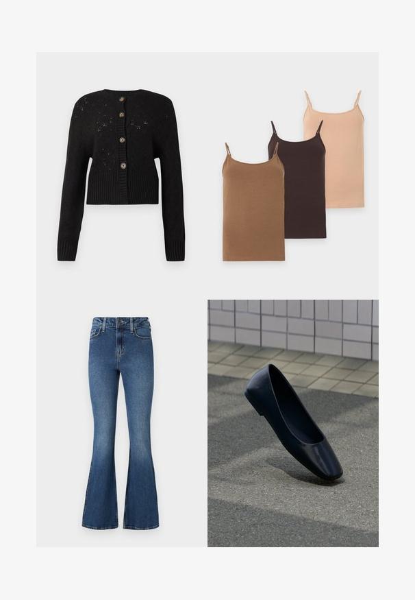 Sort cropped cardigan med et struktureret strikket mønster, der har en ribbet kant og fem runde brune knapper ned ad forsiden.; Tre dameslotte camisole i beige, mørkebrun og lysebrun med justerbare skulderstropper, vist fladt.; Blå flared denimjeans med høj talje, der har et standard design med fem lommer og knaplukning. Blød tekstur med lettonede detaljer.; Sort læder flad sko, stående opret på en asfaltbelægning nær en flisebelagt fortovskant.