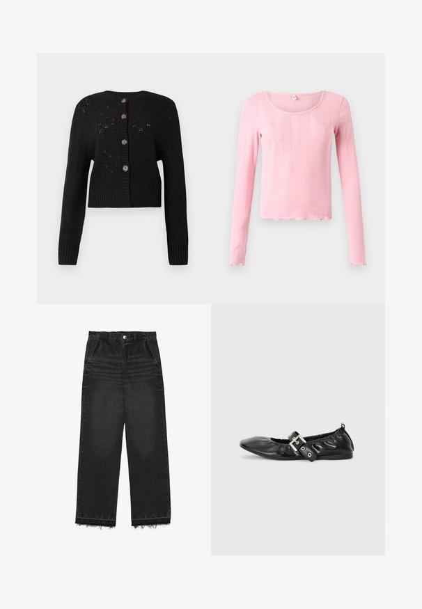 Schwarze, kurz geschnittene Strickjacke mit einem strukturierten Strickmuster, ausgestattet mit einem gerippten Saum und fünf runden braunen Knöpfen an der Vorderseite.; Langärmliges pinkfarbenes Oberteil aus geripptem Stoff, mit rundem Ausschnitt und einem wellenförmigen Saum am unteren Rand und den Bündchen.; Schwarze Denim-Hosen mit geradem Bein. Sie verfügen über eine hohe Taille, einen fransigen Saum und eine subtile, ausgebleichte Textur. Mit Eingrifftaschen vorne.; Schwarze Leder-Ballerinas mit spitzem Zehenbereich, gerafften Details am Schaft und einem silbernen Schnallenakzent am verstellbaren Riemen.