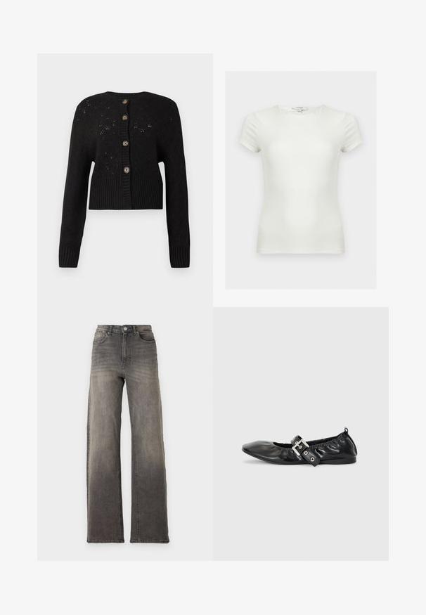Sort cropped cardigan med et struktureret strikket mønster, der har en ribbet kant og fem runde brune knapper ned ad forsiden.; Plain hvid tætsiddende t-shirt med korte ærmer og rund halsudskæring, vist på en neutral baggrund.; Højtaljede grå denimjeans med en løs, bred benpasform. Har klassisk fem-lomme design og en let falmet tekstur.; Sorte læder flade sko med spids tå, samling detaljer omkring åbningen, og en sølv spænde accent på den justerbare rem.