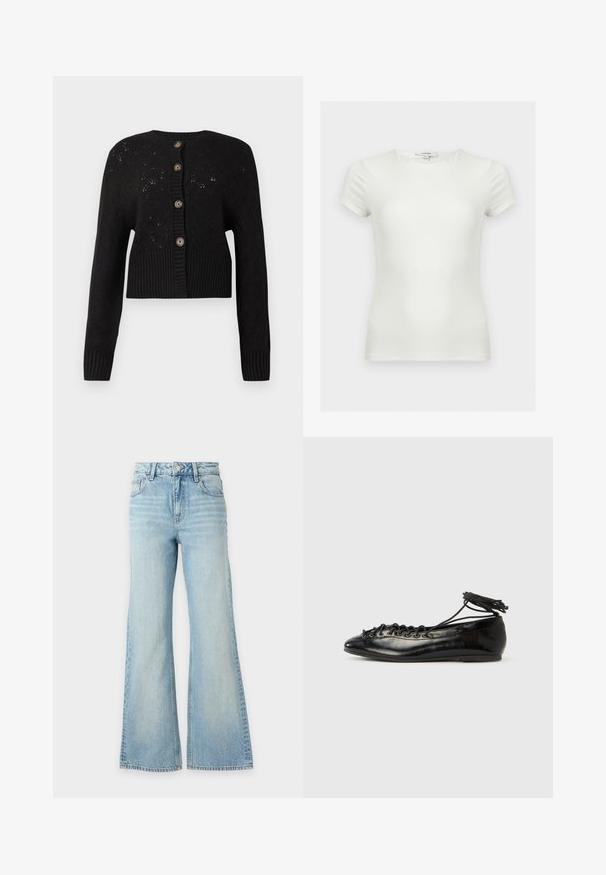 Sort cropped cardigan med et struktureret strikket mønster, der har en ribbet kant og fem runde brune knapper ned ad forsiden.; Plain hvid tætsiddende t-shirt med korte ærmer og rund halsudskæring, vist på en neutral baggrund.; Lyseblå denimjeans med høj talje og vide ben, med for- og baglommer og knaplukning.; Sorte balletflade sko i laklæder med rundet tå, snørelukning og flad sål. Glat tekstur med få detaljer.
