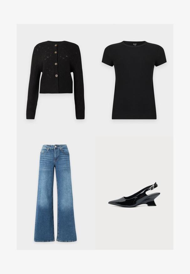 Zwarte cropped cardigan met een gestructureerd gebreid patroon, voorzien van een geribde onderkant en vijf ronde bruine knopen aan de voorkant.; Zwart dames T-shirt met korte mouwen en ronde hals, slim fit, afgebeeld tegen een effen lichte achtergrond.; Blauwe high-waisted wijde jeans met knoop aan de voorzijde, ritssluiting, en voor- en achterzakken, getoond op een witte achtergrond.; Zwarte lakleren slingback schoen met spitse neus en lage schuine blokhak op een effen lichte achtergrond.