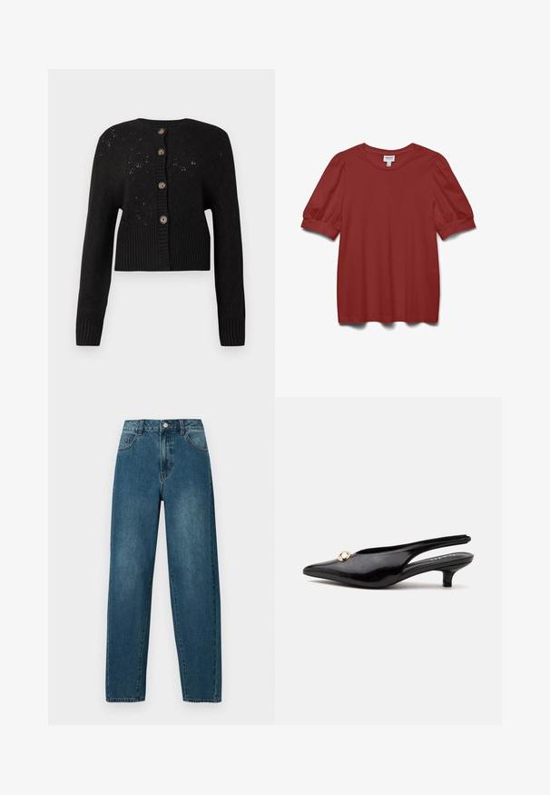 Sort cropped cardigan med et struktureret strikket mønster, der har en ribbet kant og fem runde brune knapper ned ad forsiden.; Rustfarvet kortærmet bluse med puffede ærmer, rund hals og en tætsiddende manchet detalje.; Mørkeblå denimjeans med en afslappet pasform, fem-lomme design og synlige sømdetaljer. Stoffet er struktureret og let falmet.; Sort laklæderslingback med lille hæl, spids tå og en lille rund guldbesætning på toppen.
