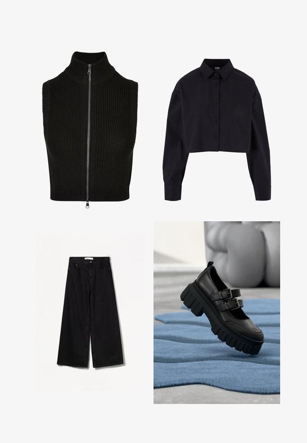 Zwarte mouwloze top met hoge kraag, geribbelde textuur en volledige rits aan de voorkant. Eenvoudig ontwerp zonder extra patronen of accenten.; Korte zwarte button-up shirt, gemaakt van katoen, met lange mouwen, een klassieke kraag en een rechte zoom.; Zwarte wijde jeans van denim. Heeft een hoge taille, voor- en achterzakken en zilveren hardware op de knoop en rits.; Zwarte lederen schoenen met dubbele gespsluitingen en dikke, geribbelde zolen. De schoen ligt op een gestructureerd blauw tapijt.