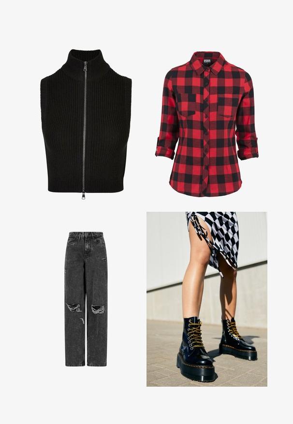 Sort ærmeløs top med høj krave, ribbet tekstur og fuld frontlynlås. Enkelt design uden yderligere mønstre eller accenter.; Rød- og sortternet flannel skjorte, lange ærmer med opsmøgede manchetter, spidse krave, to brystlommer, knaplukning fortil, blød tekstur.; Sorte højtaljede brede bukser af jeans med rifter på knæene og slidte detaljer på en hvid baggrund.; Sorte læder platform støvler med chunky såler, guld snørebånd og orange syninger, kombineret med en ternet nederdel med en sideslids.