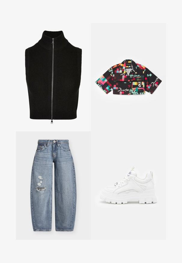 Sort ærmeløs top med høj krave, ribbet tekstur og fuld frontlynlås. Enkelt design uden yderligere mønstre eller accenter.; Kortærmet cropped skjorte i sort stof med et pixeleret mønster i livlige farver og tekstdetaljer. Inkluderer en brystlomme.; Blå denim jeans med vide ben, høj talje og slidte revner på venstre lår, med forlommer og bæltestropper.; Hvide chunky sneakers med en tekstureret overdel, polstret krave og tyk, rillede sål. Har kontrastfarvede sorte snørebånd og brandingdetaljer.