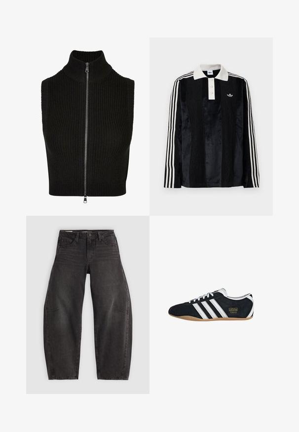 Sort ærmeløs top med høj krave, ribbet tekstur og fuld frontlynlås. Enkelt design uden yderligere mønstre eller accenter.; Sort fløjl langærmet polo shirt med en hvid ribbestrikket krave, tre knapper, struktureret front og tre hvide striber på hver ærme.; Sorte denim jeans med en afslappet pasform, der har fem lommer, knaplukning og subtil fading. Stoffet har en glat, robust tekstur.; Sort ruskinds sneaker med hvide tre striber, guldlogo og en brun gummisål. Har et lavprofil snørebåndsdesign.