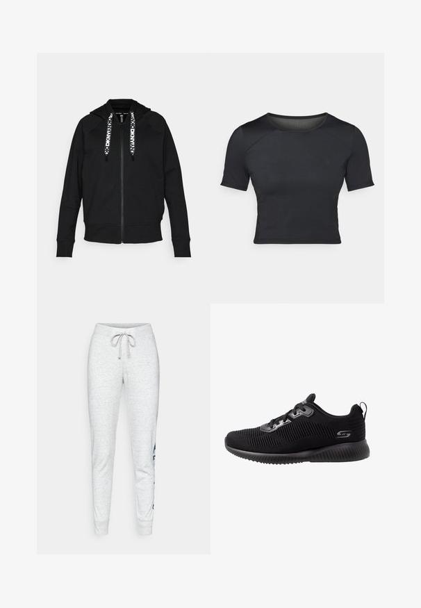 Čierna mikina na zips vyrobená z mäkkej tkaniny. Má kapucňu, raglánové rukávy a kontrastné biele šnúrky s geometrickým vzorom.; Čierny krátky rukáv crop top vyrobený z hladkej, elastickej látky s okrúhlym výstrihom a jemnými švovými detailami na pleciach.; Sivé bavlnené tepláky s elastickým pásom a sťahovacou šnúrkou, s zúženými nohavicami a námorníckomodrou grafickou potlačou na ľavej strane.; Čierne športové topánky s textúrovaným pleteným zvrškom, šnurovací dizajn, polstrovaný golier a odpružená gumová podrážka s ryhovaným detailom.