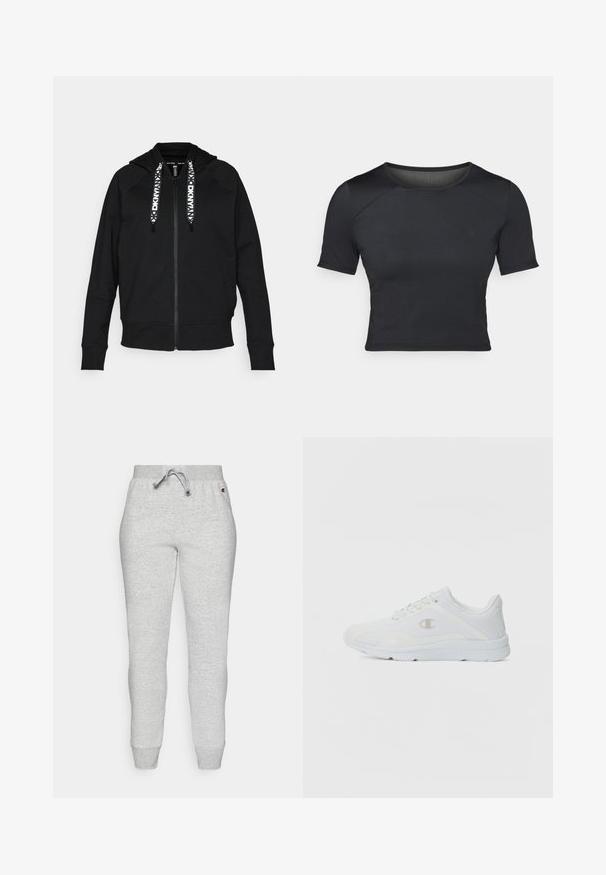Zwarte rits hoodie gemaakt van zachte stof. Voorzien van een capuchon, raglanmouwen en contrasterende witte trekkoorden met een geometrisch patroon.; Zwarte korte mouwen crop top gemaakt van glad, rekbaar materiaal met een ronde halslijn en subtiele naaddetails op de schouders.; Grijze sweatpants van zacht materiaal, met een elastische tailleband met trekkoord, taps toelopende pijpen en ribgebreide manchetten.; Witte sportieve schoenen met een gestructureerde mesh bovenkant, gevoerde kraag en een contrasterend logo aan de zijkant. Beschikt over een lichtgewicht rubberen zool.