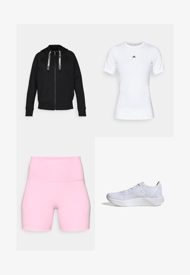 Zwarte rits hoodie gemaakt van zachte stof. Voorzien van een capuchon, raglanmouwen en contrasterende witte trekkoorden met een geometrisch patroon.; Witte sportshirt met korte mouwen, gemaakt van zachte, rekbare stof. Voorzien van een klein zwart Adidas-logo op de borst.; Lichtroze shorts met hoge taille, gemaakt van rekbare stof, met twee zijzakken, een gladde textuur en een aansluitend ontwerp.; Witte sportieve schoen met een ademend mesh bovenwerk, vetersluiting, gevoerde kraag en een gestructureerde rubberen zool voor grip.