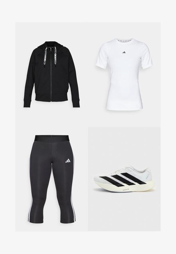 Must mustaga kapuutsiga must zippiga jakke, mis on valmistatud pehmest kangast. Omab kapuutsi, raglaani varrukaid ning kontrastset valget nööri, millel on geomeetriline muster.; Valge lühikeste varrukatega sportlik särk, mis on valmistatud siledast ja venivast kangast. Rinnal on väike must Adidas'i logo.; Mustad capri retuus koos laia vöökohaga, valgete külgtriipudega ja valge Adidas'i logoga vasakul reiel. Sile tekstuur.; Valge jooksujalanõu musta kolme triibu disainiga küljel ja paksu valge tallaga, millel on silt "Lightstrike Pro" ühtlasel taustal.