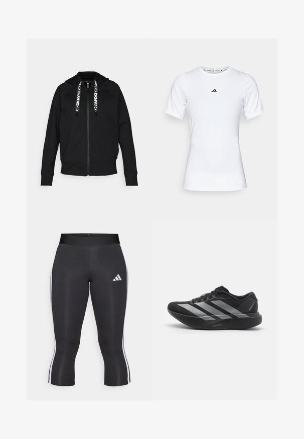 Zwarte rits hoodie gemaakt van zachte stof. Voorzien van een capuchon, raglanmouwen en contrasterende witte trekkoorden met een geometrisch patroon.; Witte sportshirt met korte mouwen, gemaakt van zachte, rekbare stof. Voorzien van een klein zwart Adidas-logo op de borst.; Zwarte capri leggings met een brede tailleband, voorzien van witte zijkanten en een wit Adidas logo op de linker dij. Glad textuur.; Zwarte hardloopschoen met zilveren strepen, dikke gedempte zool met het label "Lightstrike Pro," zijaanzicht op witte achtergrond.