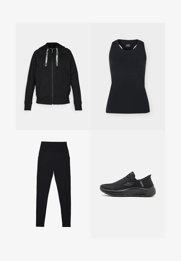 Haut de hoodie zippé noir en tissu doux. Comprend une capuche, des manches raglan et des cordons de serrage contrastants blancs avec un motif géométrique.; Débardeur de sport noir sans manches avec encolure ronde et dos nageur, présenté sur un fond uni clair.; Leggings noirs avec une taille haute côtelée, un design sans coutures, des poches latérales et une texture lisse sur toute la surface.; Chaussures de marche en mesh noir avec un design texturé, un laçage à l'avant, une semelle rembourrée et un détail de logo emblématique sur le côté et le talon.