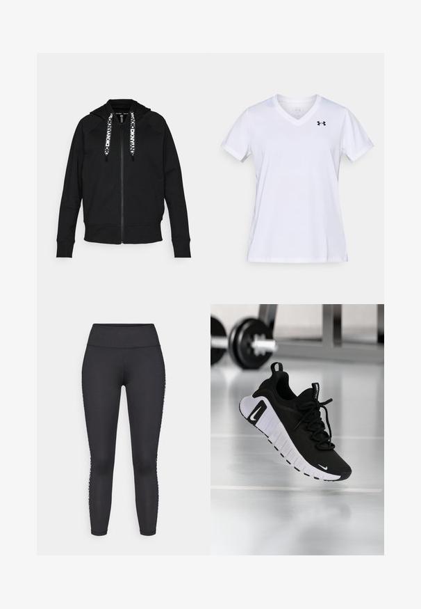 Sort lynlås hættetrøje lavet af blødt stof. Har hætte, raglanærmer og kontrasterende hvide snore med et geometrisk mønster.; Hvid T-shirt med korte ærmer og V-udskæring, lavet af bomuldsblanding med en sort logo øverst til venstre. Glat tekstur og almindelig pasform.; Sorte leggings i fuld længde lavet af strækbart stof, med en glat waistband og hvide mønstrede accenter langs sidesømmene.; Sort atletiksko med en tekstureret stofoverdel, hvid sål og fremtrædende snøresystem. Indeholder en Nike-logo og et blødt, polstret design.