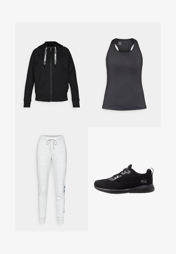 Haut de hoodie zippé noir en tissu doux. Comprend une capuche, des manches raglan et des cordons de serrage contrastants blancs avec un motif géométrique.; Débardeur de sport noir avec un design dos nageur, fabriqué en tissu lisse et extensible avec des coutures minimales et un détail de logo à l'avant.; Pantalon de jogging en coton gris avec taille élastique et cordon de serrage, présentant des jambes effilées et un imprimé graphique bleu marine sur le côté gauche.; Baskets de sport noires avec un dessus en tricot texturé, design à lacets, col rembourré et semelle en caoutchouc coussinée avec un détail strié.