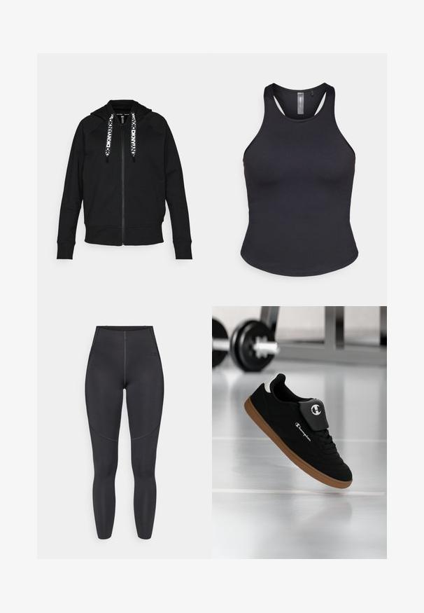 Čierna mikina na zips vyrobená z mäkkej tkaniny. Má kapucňu, raglánové rukávy a kontrastné biele šnúrky s geometrickým vzorom.; ONLY Play ONPSANA SHORT - Top - black; Čierne legíny s vysokým pásom vyrobené z elastickej tkaniny, s plochými švami a priliehavým strihom, ideálne na športové použitie.; Čierna a hnedá teniska značky Champion zavesená vo vzduchu v posilňovni s rozmazanou činkou v pozadí.