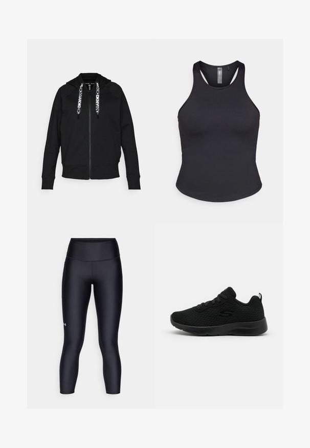 Čierna mikina na zips vyrobená z mäkkej tkaniny. Má kapucňu, raglánové rukávy a kontrastné biele šnúrky s geometrickým vzorom.; ONLY Play ONPSANA SHORT - Top - black; Čierne legíny vyrobené z hladkej, elastickej tkaniny. Vysoký pás s priliehavým strihom a malým logom na ľavej nohe.; Čierne športové tenisky s prednou časťou z pleteného materiálu, polstrovaným golierom, šnurovaním a textúrovanou gumovou podrážkou. Jednoduchý a elegantný silueta.