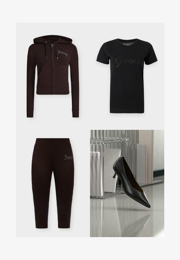 Sweat à capuche zippé noir avec poches avant, capuche avec cordon, manches longues et texte "Juicy" brodé sur le côté gauche de la poitrine en strass.; T-shirt noir en coton avec un col rond, des manches courtes et un logo "Guess" en sequins texturés sur la poitrine.; Leggings noirs ajustés avec une taille haute et un petit logo "Juicy" en strass sur la partie supérieure de la cuisse gauche.; Chaussure en cuir noir à bout pointu et talon kitten flottant au-dessus d'un sol gris moucheté, à côté d'un organiseur de fichiers en métal contenant des dossiers.