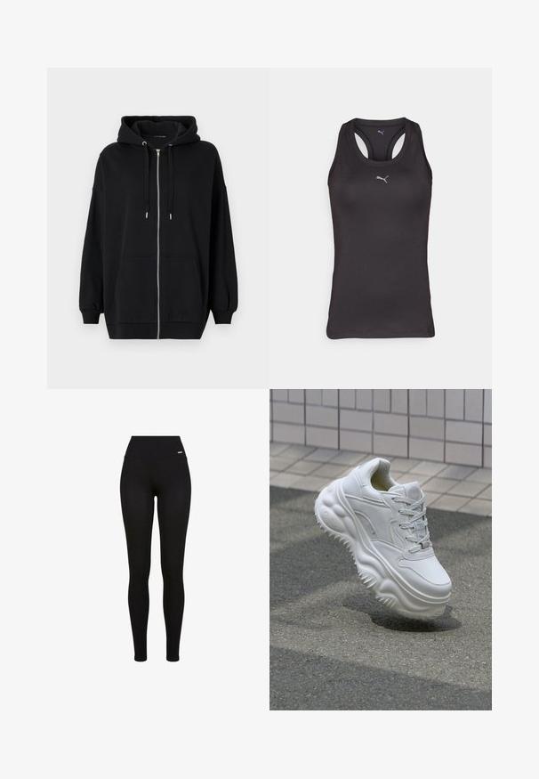 Haut à zip noir en tissu doux, avec une capuche à cordon, deux poches avant et des poignets côtelés pour un ajustement décontracté.; Débardeur de sport noir avec un dos nageur, fabriqué en tissu lisse, présentant un petit logo gris au centre à l'avant.; Leggings Noirs avec une taille haute, tissu extensible, texture lisse et un design ajusté, adaptées pour un usage décontracté ou sportif.; Baskets blanches en cuir avec une semelle épaisse, des détails texturés et un système de laçage. Présente des accents moulés et une finition lisse.