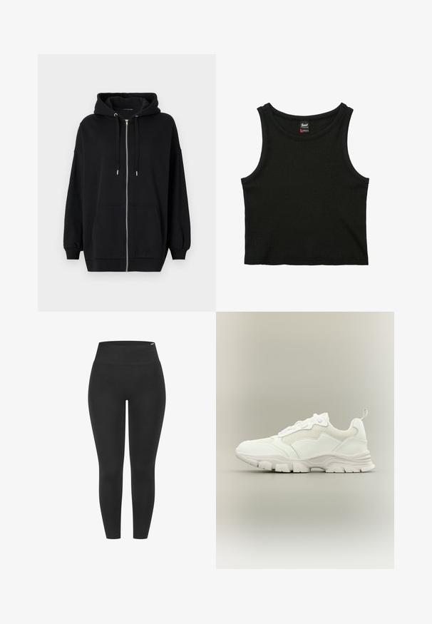 Haut à zip noir en tissu doux, avec une capuche à cordon, deux poches avant et des poignets côtelés pour un ajustement décontracté.; Crop top noir côtelé sans manches avec encolure ronde et petite étiquette de marque à l'intérieur du col, taille small.; Leggings noirs avec une taille haute élastique, une texture lisse et une coupe ajustée, adaptés à diverses activités.; Baskets blanches de sport avec tige en mesh et cuir, semelle épaisse et languette au talon, présentées de profil sur fond neutre.