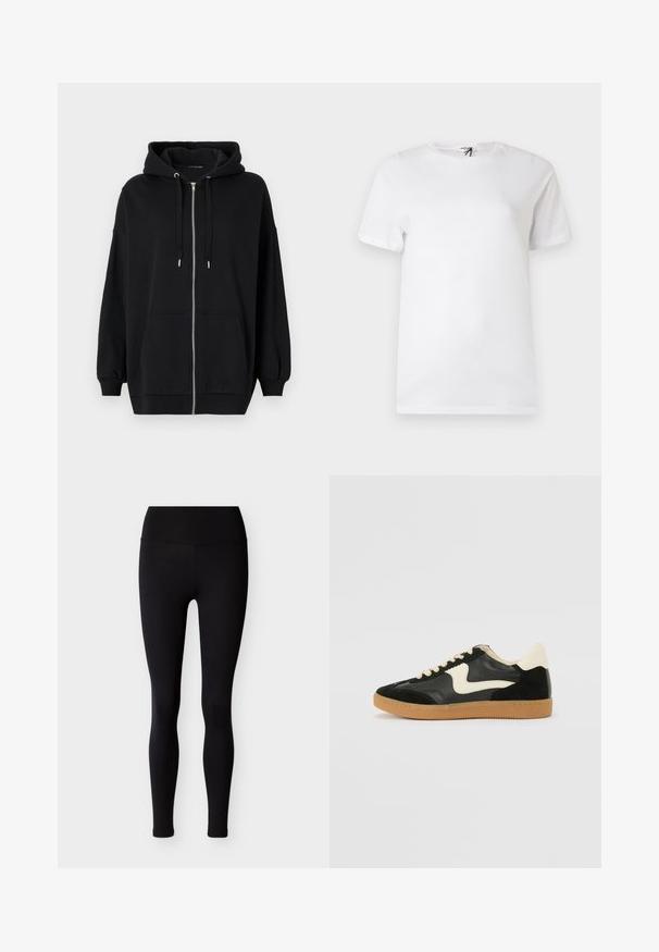 Schwarze Zip-Hoodie aus weichem Stoff, mit einer Kapuze zum Einziehen, zwei Fronttaschen und gerippten Bündchen für eine lässige Passform.; Schlichtes weißes Kurzarm-T-Shirt aus Baumwolle mit rundem Ausschnitt, kleinem unauffälligem Logo in Brustnähe und einem Etikett am Kragen.; Schwarze Leggings aus dehnbarem Stoff mit hohem Bund und figurbetontem Schnitt. Glatte Textur, keine Muster oder Verzierungen.; Schwarze Wildleder- und Leder-Sneaker mit einem cremefarbenen Seiten-Swoosh und einer hellcremefarbenen Ferse. Ausgestattet mit beige Schnürsenkeln und einer Gummilaufsohle.
