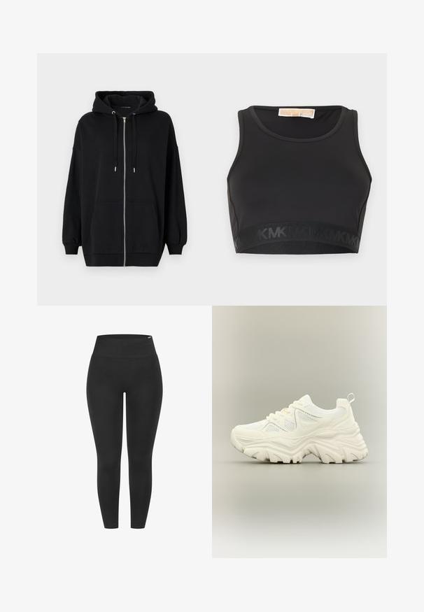 Schwarze Zip-Hoodie aus weichem Stoff, mit einer Kapuze zum Einziehen, zwei Fronttaschen und gerippten Bündchen für eine lässige Passform.; Schwarzer Sport-BH aus glattem Stoff, mit rundem Ausschnitt und einem elastischen Bund mit Logo-Akzent am unteren Rand.; Schwarze Leggings mit hohem elastischem Bund, glatter Textur und figurbetontem Design, geeignet für verschiedene Aktivitäten.; Weißer klobiger Sneaker mit dicker strukturierter Sohle, Mesh-Einsätzen, Schnürung vorne und Zuglasche an der Ferse auf neutralem Hintergrund.