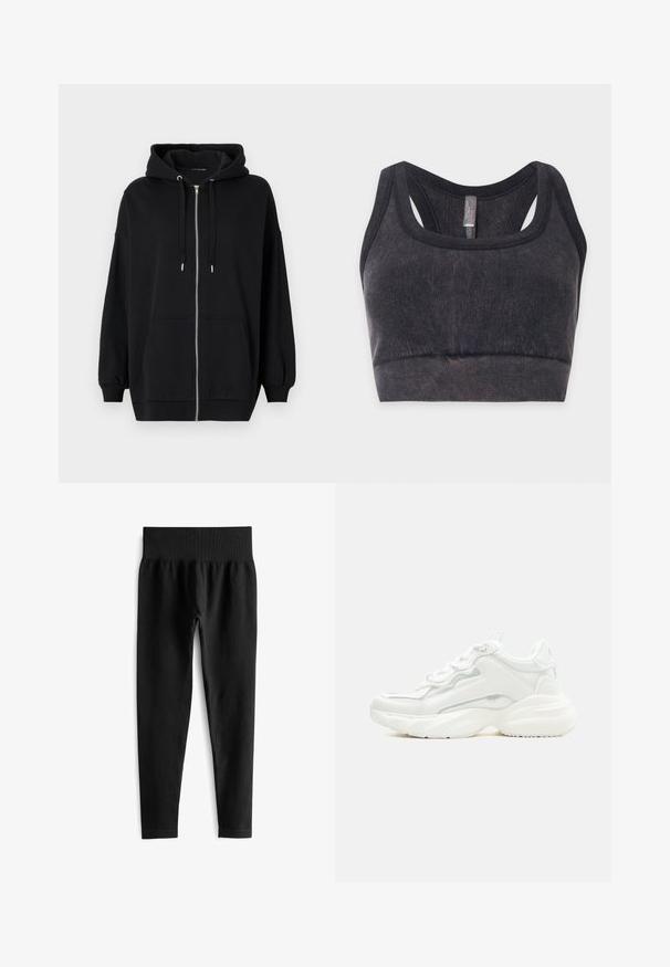 Zwarte zip-up hoodie van zacht materiaal, met een trekkoordcapuchon, twee voorkruiszakken en geribbelde boorden voor een relaxte pasvorm.; Zwarte geribbelde sportbeha met brede schouderbanden en racerback ontwerp, plat weergegeven op een lichte achtergrond.; Zwarte geribde leggings met een brede elastische tailleband, met een aansluitende pasvorm en een gladde textuur. Geen zichtbare hardware of patronen.; Witte chunky sneaker met dikke zool, veters aan de voorkant en een glad bovenwerk van synthetisch materiaal met subtiele stikdetails.