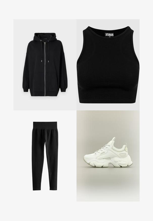 Schwarze Zip-Hoodie aus weichem Stoff, mit einer Kapuze zum Einziehen, zwei Fronttaschen und gerippten Bündchen für eine lässige Passform.; Schwarzes geripptes Cropped-Top mit rundem Ausschnitt und ärmellosem Design. Hergestellt aus einem dehnbaren, strukturierten Stoff. Etikett mit der Aufschrift "Urban Classics."; Schwarze, gerippte Leggings mit hoher Taille, weitem elastischem Bund und schlank geschnittenen langen Beinen auf weißem Hintergrund.; Weißer klobiger Sneaker mit dicker, strukturierter Sohle, Mesh- und Lederobermaterial, Schnürverschluss und Zuglaschen an Zunge und Ferse.