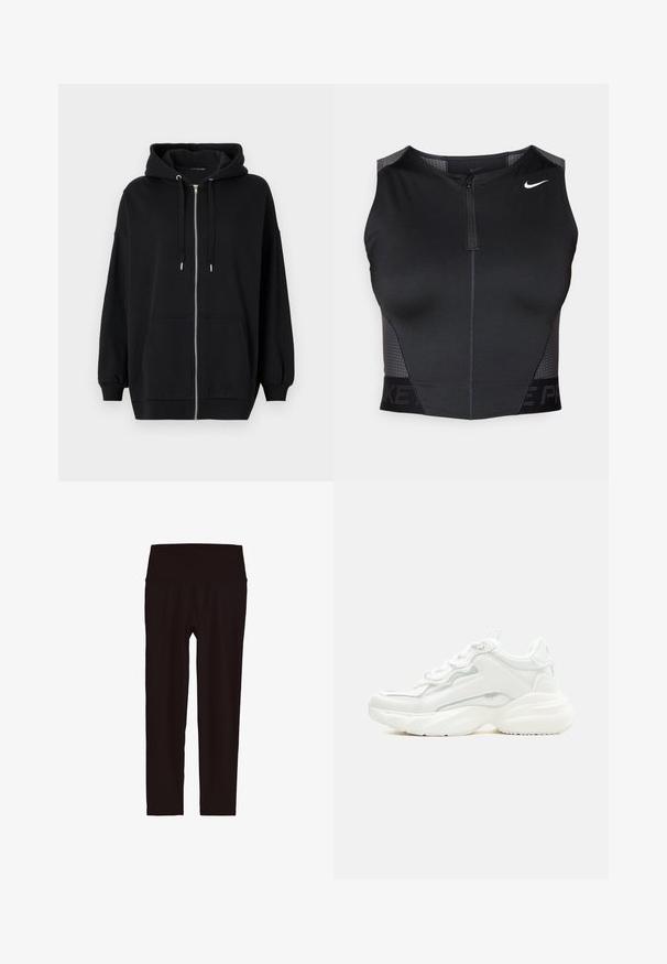 Schwarze Zip-Hoodie aus weichem Stoff, mit einer Kapuze zum Einziehen, zwei Fronttaschen und gerippten Bündchen für eine lässige Passform.; Schwarzes sportliches Croptop mit Reißverschluss, strukturierten Schulterpaneelen und bedrucktem Markenzeichen. Hergestellt aus dehnbarem, atmungsaktivem Stoff.; Schwarze, hoch taillierte Leggings bis zum Knöchel mit breitem Bund, gezeigt vor weißem Hintergrund.; Weißer klobiger Sneaker mit dicker Sohle, Schnürverschluss vorne und glattem, synthetischem Obermaterial mit dezenten Steppnähten.