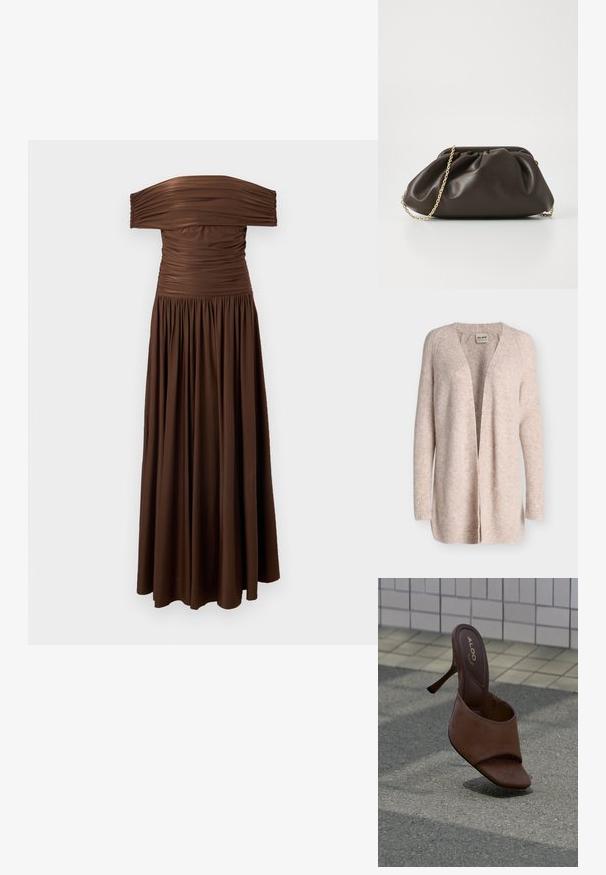 Cardigan beige doux en gros tricot à ouverture devant, manches longues et poignets côtelés, fabriqué par Mos Mosh.; Robe longue marron à épaules dénudées avec corsage froncé et jupe fluide plissée sur un fond clair uni.; Mule marron à talon haut avec bout ouvert et marquage ALDO sur la semelle intérieure, posée sur un pavement texturé près d’un mur carrelé.; Sac à main en cuir marron avec un design froncé, une bandoulière en chaîne dorée et une finition douce et texturée. Sa forme compacte est idéale pour une utilisation en soirée.