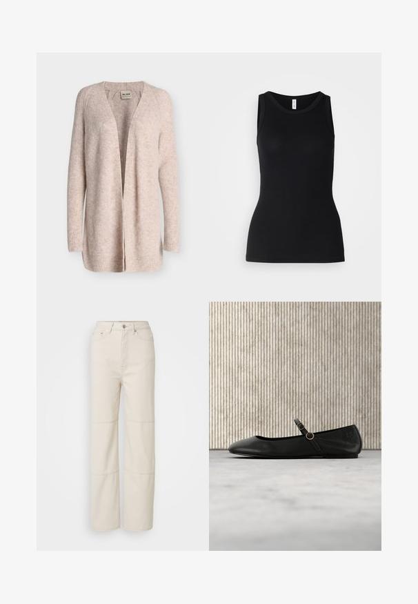 Cardigan beige doux en gros tricot à ouverture devant, manches longues et poignets côtelés, fabriqué par Mos Mosh.; Débardeur noir sans manches en tissu côtelé, avec un col rond et une coupe ajustée, à la texture douce et sans motifs.; Jean large beige clair en coton. Présente une taille haute, une fermeture à bouton à l'avant et deux accents de couture horizontaux sur les jambes.; Ballerine en cuir noir avec bout arrondi, dotée d'une fine lanière et d'une boucle circulaire dorée. Texture lisse et design minimaliste.