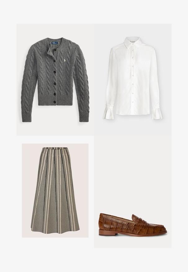 Grijze kabelgebreide cardigan met knopen aan de voorkant, lange mouwen, geribde manchetten en zoom, met een klein wit geborduurd logo op de borst.; Witte blouse met lange mouwen, knoopsluiting aan de voorkant, puntige kraag, subtiele verticale strepen en wijde manchetten met rucherand.; A-lijn midirok met hoge taille en zwart-beige verticale gestreepte geometrische print en plooien.; Bruine leren loafer met krokodillenpatroon, lage houten hak en een riem over de bovenkant, getoond tegen een effen achtergrond.