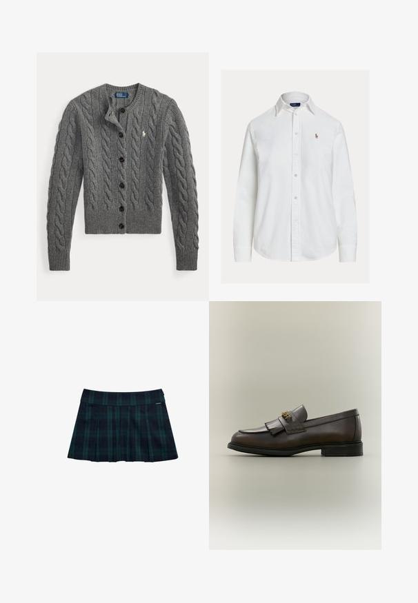 Grå kabelstrikket cardigan med knapper foran, lange ærmer, ribstrikkede manchetter og kant, med et lille hvidt broderet logo på brystet.; Hvid langærmet skjorte med knapper og krave samt lille broderet logo på venstre bryst, vist på ensfarvet baggrund.; Rynket nederdel med tern i mørkegrøn og marineblå med en glat talje og logo-accent. Har et klassisk, lagdelt rynkedesign.; Mørkebrun læderloafer med frynser og guldbeslag på sort sål, vist fra siden på en neutral baggrund.