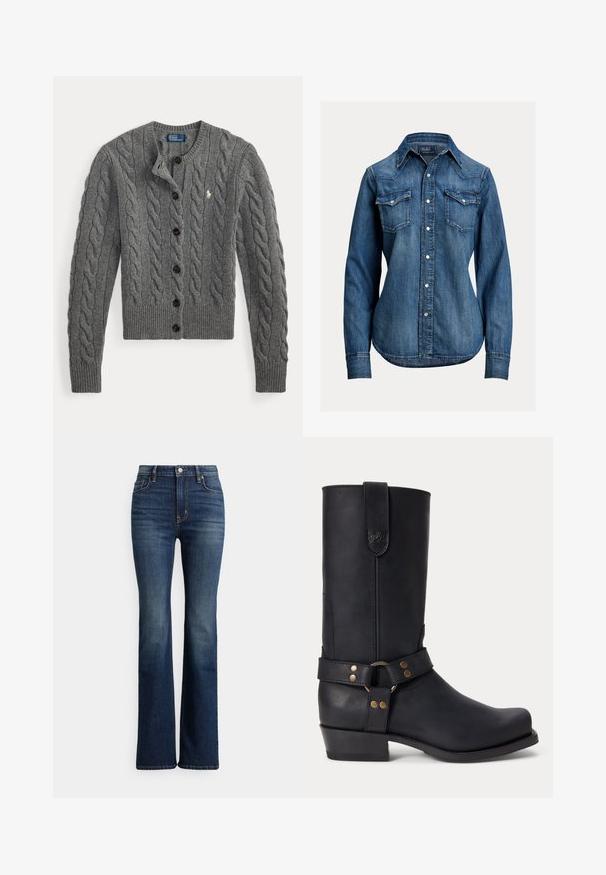Grå kabelstrikket cardigan med knapper foran, lange ærmer, ribstrikkede manchetter og kant, med et lille hvidt broderet logo på brystet.; Langærmet blå denimskjorte med perleknapper, to brystlommer med klap og spids krave fra Polo Ralph Lauren.; Mørkeblå højhælede bootcut-jeans med høj talje, forreste knap og lommer, let falmede områder på lår og knæ, vist på hvid baggrund.; Sort læder mellemhøje støvler med lav hæl, rund tå og dekorativ rem med metalnitter og ring omkring anklen.