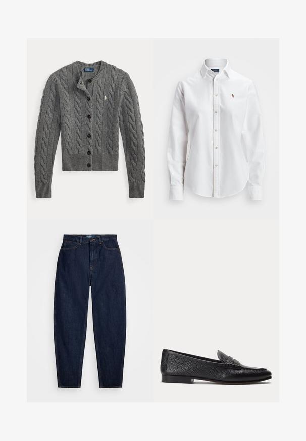 Grijze kabelgebreide cardigan met knopen aan de voorkant, lange mouwen, geribde manchetten en zoom, met een klein wit geborduurd logo op de borst.; Witte, lange mouwen, button-up overhemd van katoen, met een klassieke kraag en een klein geborduurd logo op de borst.; Donkerblauwe denim jeans met een rechte pasvorm, voorzien van oranje stiksels, een sluiting met knoop aan de voorkant en vijf zakken.; Zwarte, getextureerde leren loafer met lage hak en klassieke pennyband-detail, zijaanzicht op een eenvoudige lichte achtergrond.