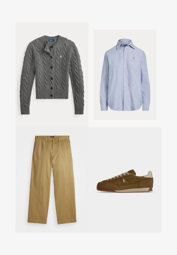 Grå kabelstrikket cardigan med knapper foran, lange ærmer, ribstrikkede manchetter og kant, med et lille hvidt broderet logo på brystet.; Lyseblå skjorte med lange ærmer og knapper, med spids krave og lille broderet logo på venstre bryst.; Polo Ralph Lauren COTTON CHINO STRAIGHT LEG TROUSER - Chino - khaki; Brun ruskind sneaker med cremefarvede snørebånd, tyk sål og et lille hvidt broderet logo på siden.
