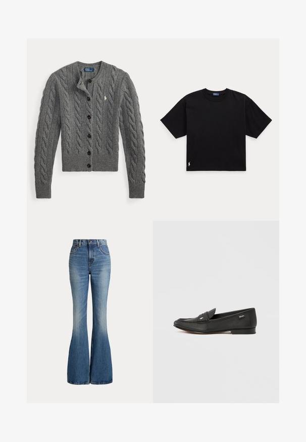 Grå kabelstrikket cardigan med knapper foran, lange ærmer, ribstrikkede manchetter og kant, med et lille hvidt broderet logo på brystet.; Sort T-shirt med korte ærmer, rund hals og afslappet pasform med lille hvidt broderet logo nær nederste kant på ensfarvet baggrund.; Højtaljede blå jeans i denim med klokkeformede ben og let falmet område foran på låret, vist mod hvid baggrund.; Sort læderloafer med tekstureret finish, penny keeper-detalje, slank profil, diskret branding på siden og lav, flad hæl.